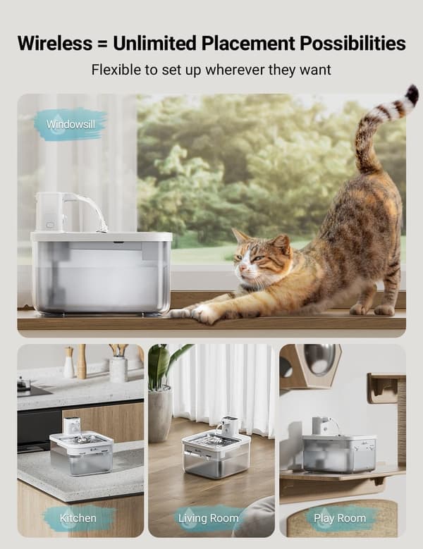 Trådløs kattevandfontæne, batteridrevet, hvid