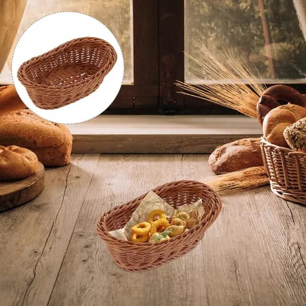 Förvaringskorg i plastflätad rotting, 2-pack, brun kökskorg