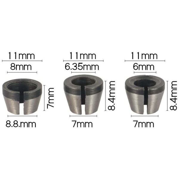 Fræsepatron - Sæt med 8. Spændepatron til fræser (6 mm. 6.35 mm. 8 mm). Spændetang til overfræser