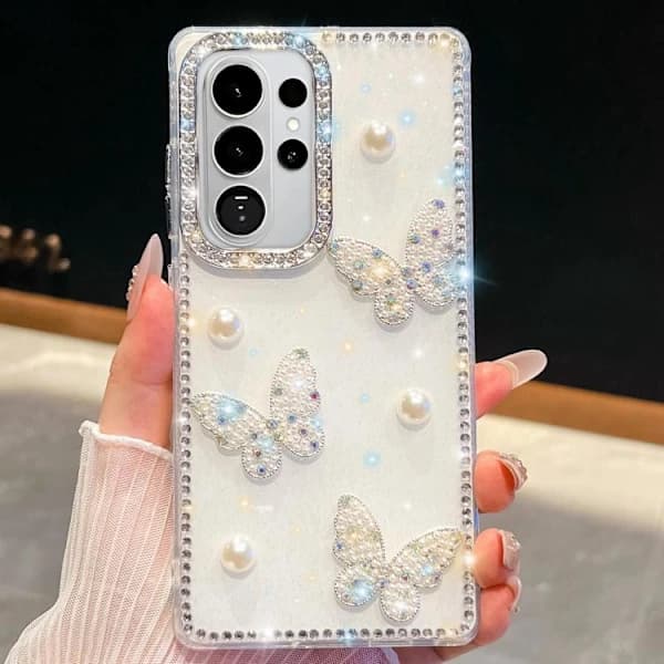 Samsung Galaxy S26 Ultra 5G deksel med diamantglitrende perlesommerfugl, støtsikkert i fire hjørner hvit