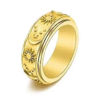 Fidget-Spinner-Ring med Måne, Stjerne og Sol til Stresshåndtering – Guld, Størrelse 8