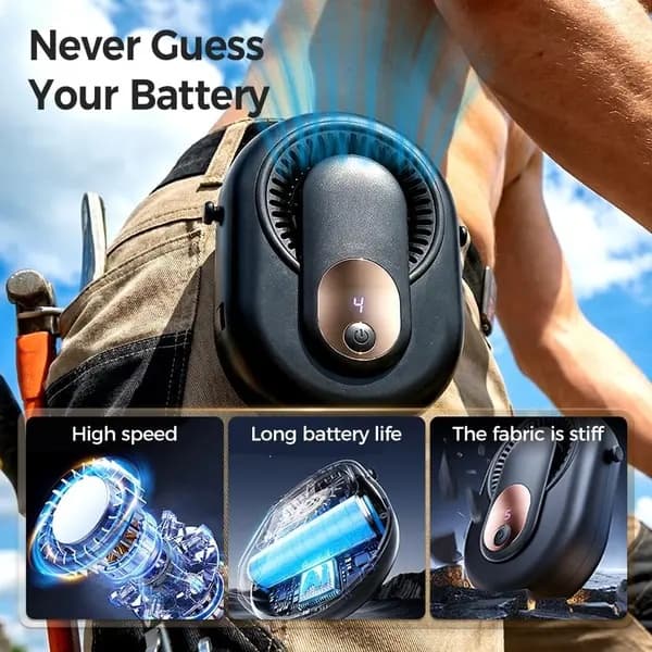 360° taljeclipsventilator, bladløst design, 5-trins vind, lydløs bærbar køleventilator, LED-display, USB-opladning, sort.