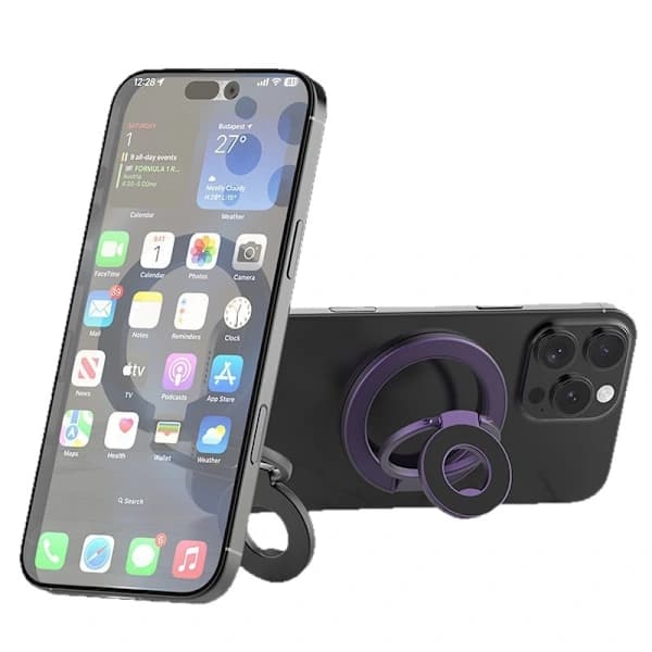 Dobbeltsidet magnetisk roterende stativ, desktop ringholder med magnetisk dobbeltring til telefon, opgraderet pasform og foldbar