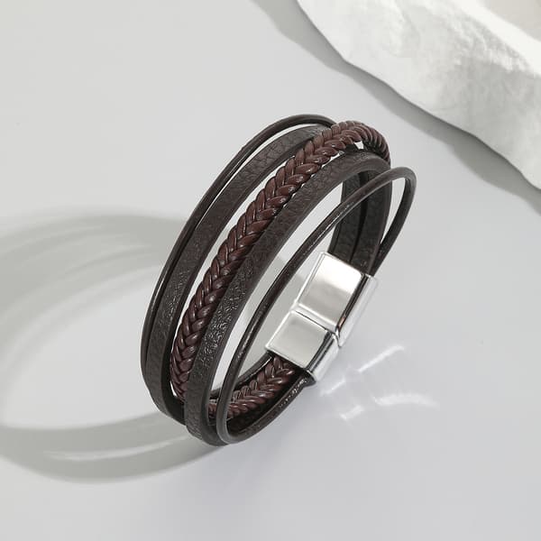 Flettet læderarmbånd til mænd (sort/brun), magnetlås, gaveæske.