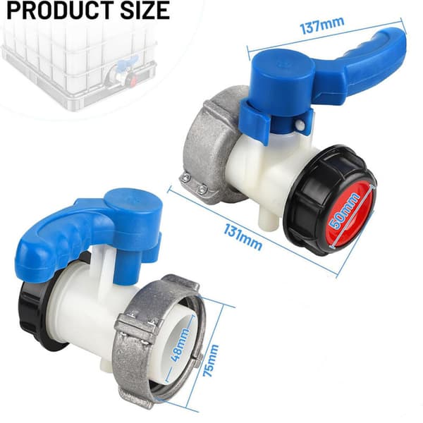 Sæt med 2 tilbehør til 1000 L ventiler. IBC tankforbindelse DN50 (62-75 mm). Aftapningsventil. IBC tankforbindelse. IBC tankforbindelse. Sommerfugleventil