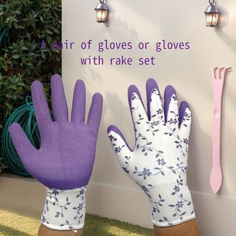 5-delt handske/rive sæt. Trykte latexskumhandsker og plastikrive. Velegnet til udendørs camping og andre scenarier.