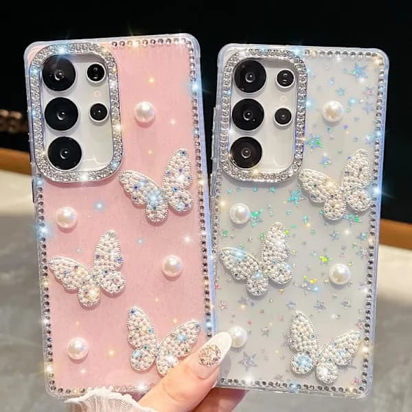 Samsung Galaxy S26 Ultra 5G deksel med diamantglitrende perlesommerfugl, støtsikkert i fire hjørner hvit