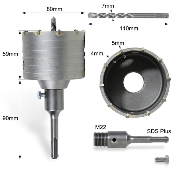 80 mm murkerneborebit, betonkerneborebit, 8x110 mm borebit med SDS plus adapter til murværk og beton