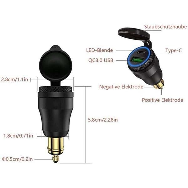 USB cigarettænderadapter - Til BMW motorcykler. DIN/Hella - EU-stik USB C PD 3.0 & QC 3.0