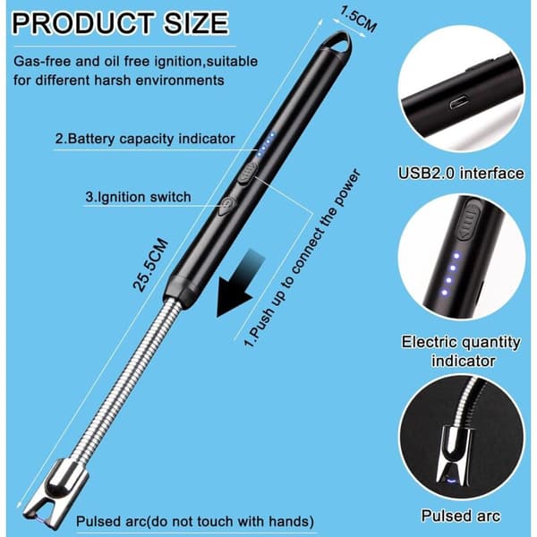 Elektrisk lighter. USB genopladelig lysbue elektrisk lighter. Lang rækkevidde stearinlys lighter til grill, køkken, komfur og camping (sort)