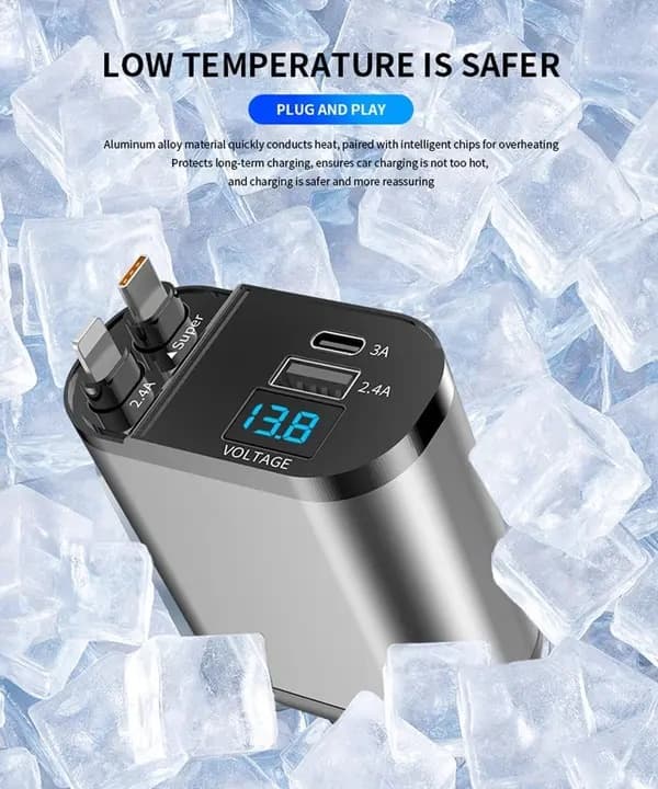 2-pack infällbara billaddare, dubbla USB-C-kablar, PD snabbladdning, voltmätare, vattentät cigarettändaradapter