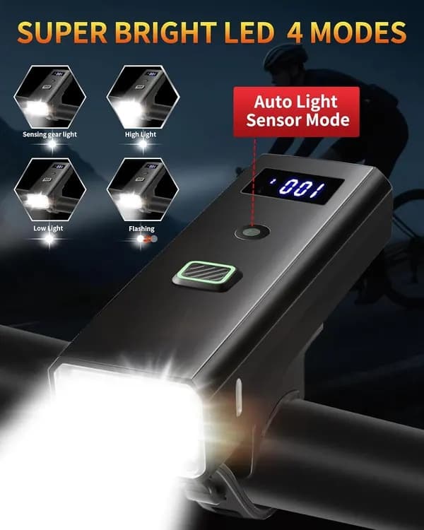 Superklar cykellygte - Høj lumen, USB genopladelig, Vandtæt, 4 tilstande, LED-display, Lyssensor