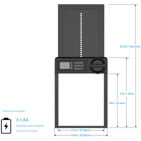 Automatisk, väderbeständig hönshusdörr – Programmerbar LCD-skärm – Aluminiumlegering – Avancerat sensorsystem – Drivs med AA-batterier