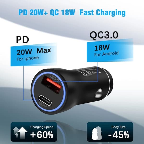 PD&QC USB Biloplader. Hurtigopladende iPhone Biloplader. Hurtig USB Cigarettænderoplader. Mini Biloplader