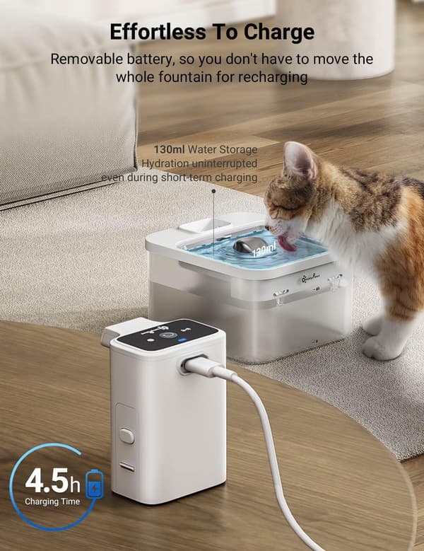 Trådløs kattevandfontæne, batteridrevet, hvid