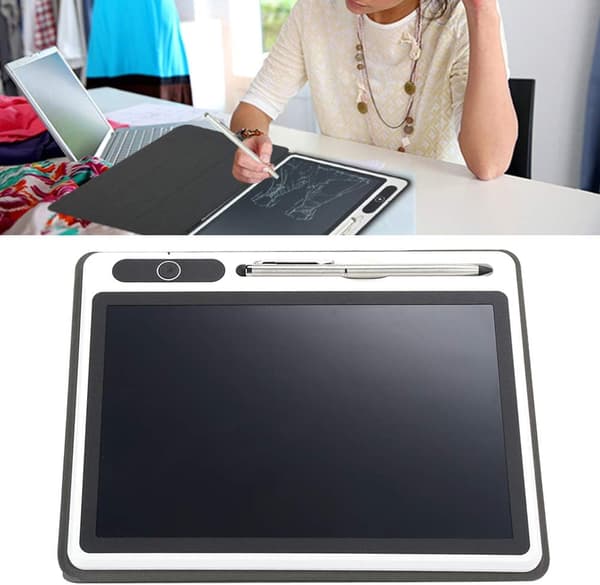 10-tommer LCD-skriveplade, sort, kunstlæderetui, til noter og memoer.
