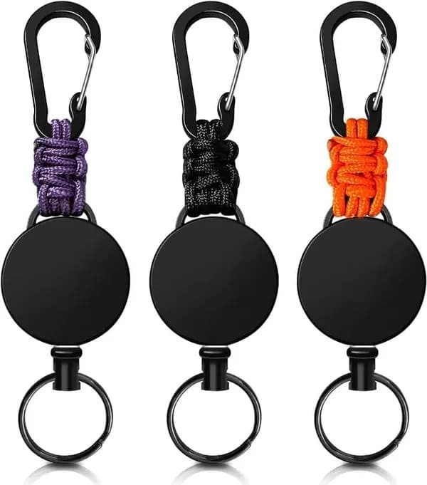 Kraftiga teleskopiska nyckelringar 3-pack – Karbinhakar och ID-rullar med 60 cm stålkabel B-3-pack