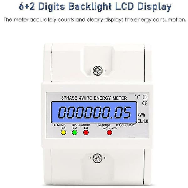 Trefas, 4-ledare energimätare 220/380V 5-80A – Bakgrundsbelyst LCD-display – DIN-skenmontering – Hög noggrannhet