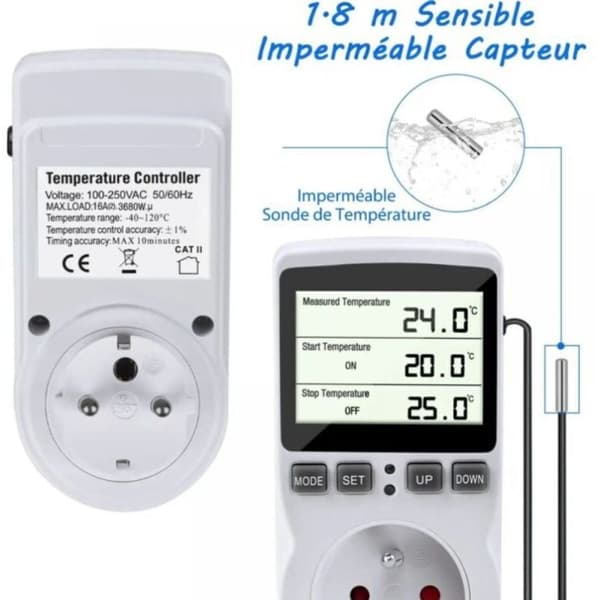 Termostatstik. Temperaturregulator. Programmerbar digital timer med probe. Termostatstik til drivhus/akvarievarmer (1 stk).