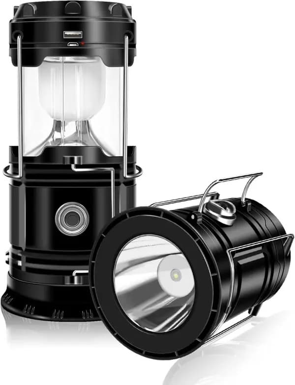 To-pak solcelle campinglamper – foldbare LED-lys med USB-opladning | Nødhængelys til camping, storme osv.