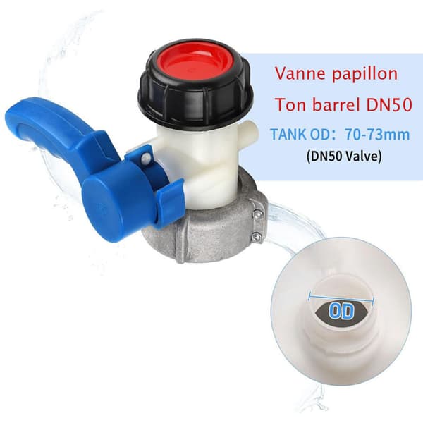 Sæt med 2 tilbehør til 1000 L ventiler. IBC tankforbindelse DN50 (62-75 mm). Aftapningsventil. IBC tankforbindelse. IBC tankforbindelse. Sommerfugleventil