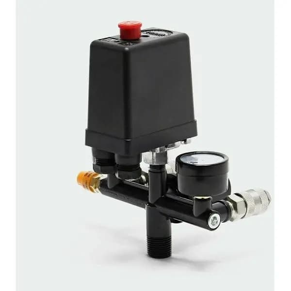 Kompressortryckregulator med tryckvakt; tryckvakt med dubbla displayer.