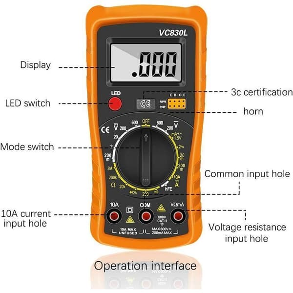 Bærbart digitalt multimeter, amperemeter, voltmeter sett Yichen oransje med batteri