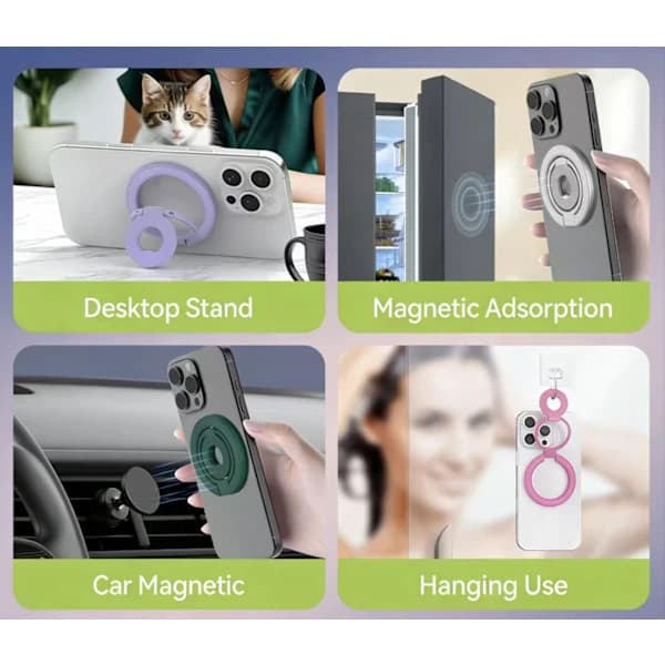 Dobbeltsidet magnetisk roterende stativ, desktop ringholder med magnetisk dobbeltring til telefon, opgraderet pasform og foldbar