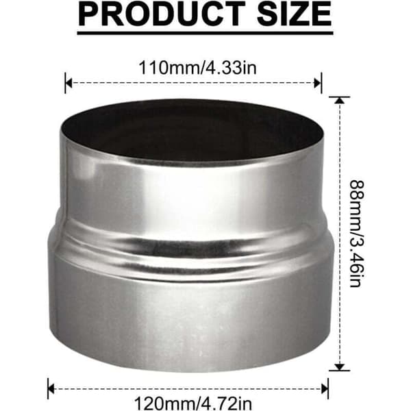 Røykrørsreduksjon 120 mm til 110 mm, rustfritt stål ovnsmontering, skorsteinsrørsreduksjon
