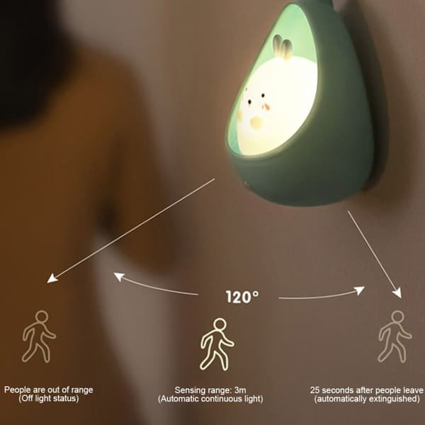 Genopladelig LED-natlampe til børn – 3m bevægelsessensor – Blødt og varmt lys – Bærbar krog til babyværelset