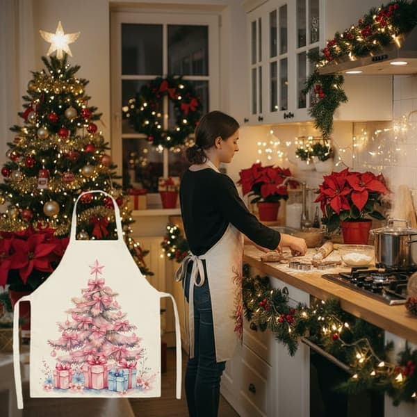 Juleforklæde med julemandstryk, restaurant bar festdekoration.