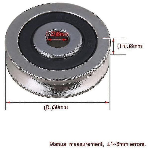 U-spårskiva i lagerstål. Passiv rullhjul. Innerdiameter 6 mm. Ytterdiameter 30 mm.