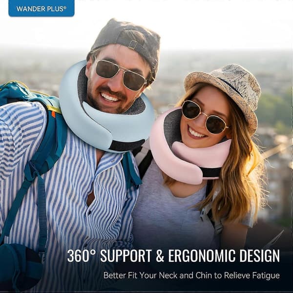 Reisehalspute i minneskum, ergonomisk design, egnet for fly og langdistanseflyvninger, rosa