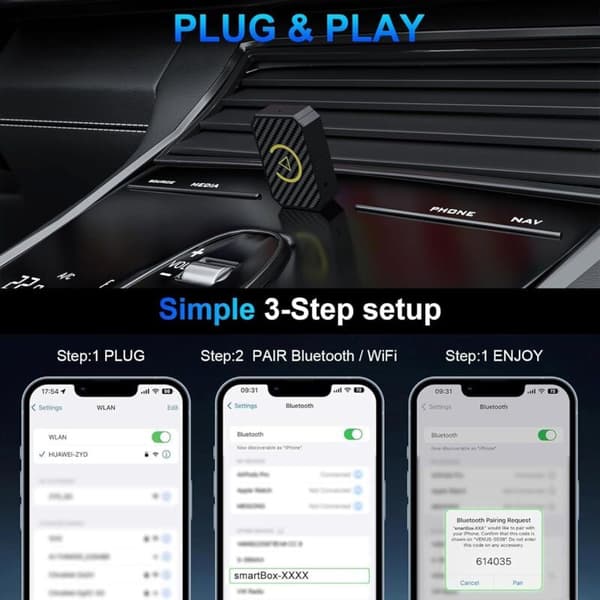 Langaton CarPlay ja langaton Android Auto iPhonelle. Langaton Android Auto -sovitin. Bluetooth 5.0 5G. Plug & Play. Automaattinen yhteys - Kulta