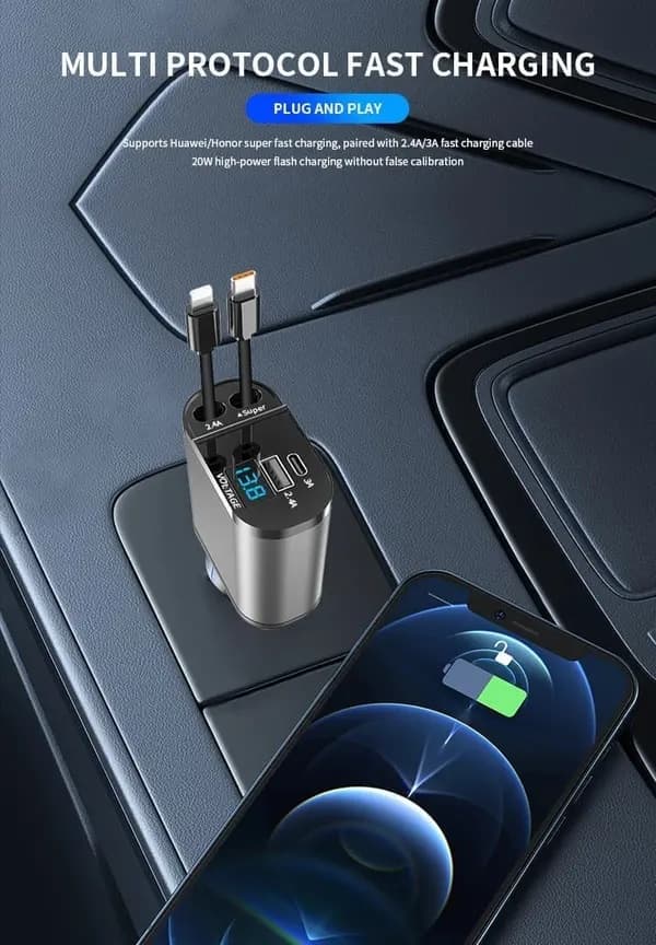 2-pack infällbara billaddare, dubbla USB-C-kablar, PD snabbladdning, voltmätare, vattentät cigarettändaradapter