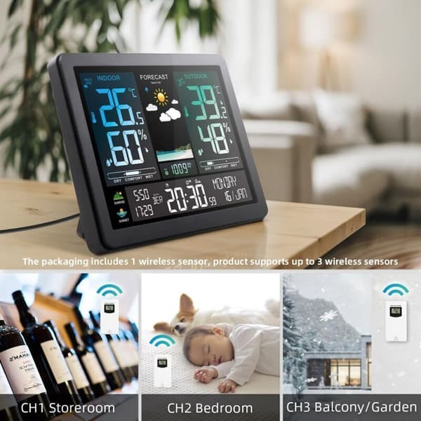 Stationær. Digitalt farvedisplay termometer og hygrometer.