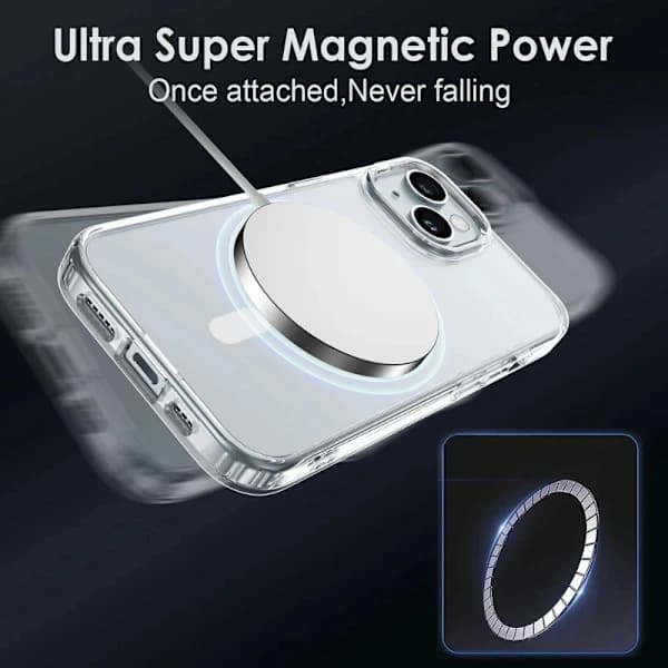 iPhone 15 magnetisk telefondeksel, MagSafe-kompatibelt, gjennomsiktig.