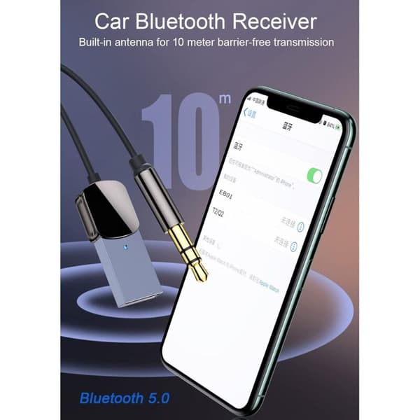 Bluetooth bilmottaker. USB Bluetooth hjelpeadaptermottaker 5.0 med 3,5 mm AUX-kontakt og USB-adapter. Plug and Play