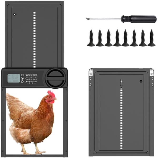 Automatisk, väderbeständig hönshusdörr – Programmerbar LCD-skärm – Aluminiumlegering – Avancerat sensorsystem – Drivs med AA-batterier