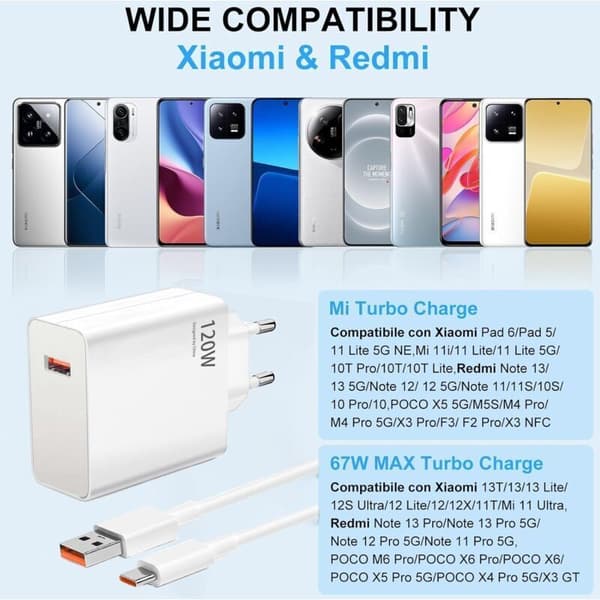 120W USB hurtiglader for Xiaomi 14T Pro / 13T Pro / 12 Pro. 1m USB-C-kabel. Opptil 6A strøm. Turbolading for Redmi Note 13 Pro+.