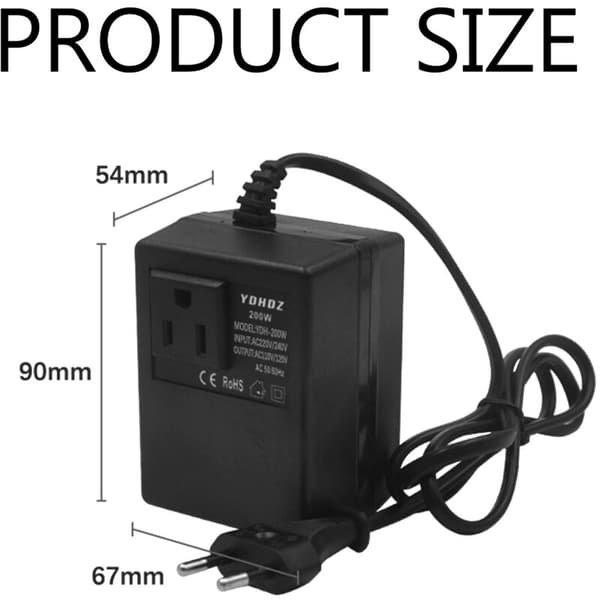 200W Strømkonverter. EU Stikadapter. 110V til 220V Step-up Transformer til Rejser og Tovejs Strømkonvertering af Husholdningsapparater.