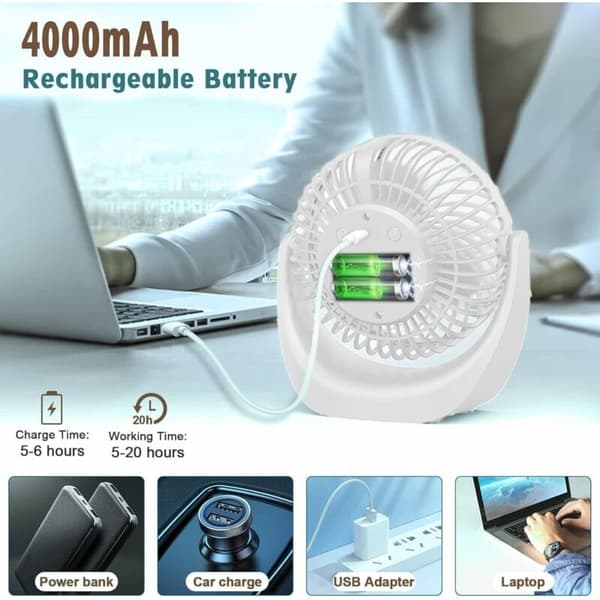 Stille bærbar hårføner med nattlys. USB oppladbart batteri. 360° rotasjon. 5-trinns varmeinnstilling.