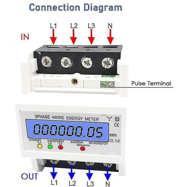 Trefas, 4-ledare energimätare 220/380V 5-80A – Bakgrundsbelyst LCD-display – DIN-skenmontering – Hög noggrannhet