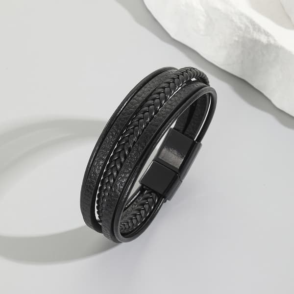 Flettet læderarmbånd til mænd (sort/brun), magnetlås, gaveæske.