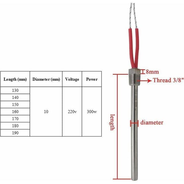 Tennplugg for pelletsovn 220V 280W, 10mm motstand, 140-180mm lengde, rask start