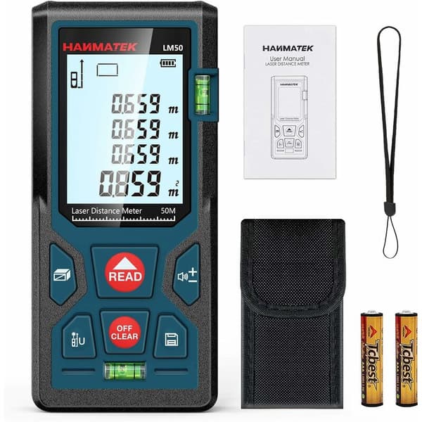 Hanmatek LM50 80m digitaalinen laseretäisyysmittari. Mittaa pituuden / pinta-alan / tilavuuden / Pythagoraan lauseen LCD-taustavalolla. IP54