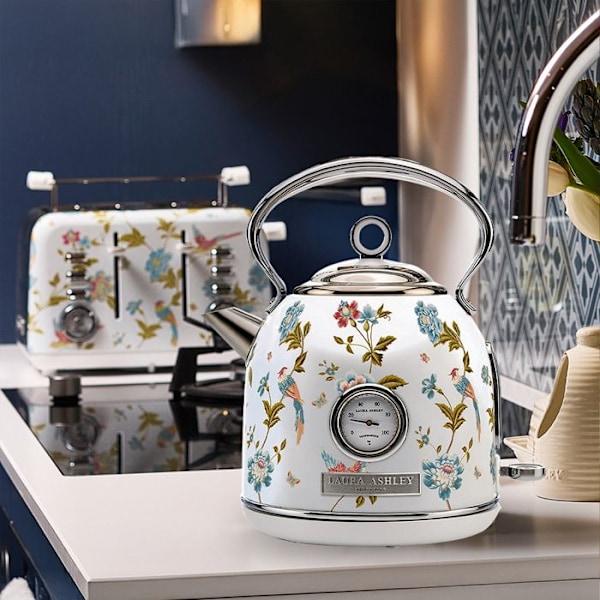 Elkettle - Laura Ashley - Elveden Vit - 1,7L, rostfritt stål, snabb kokning, indikator, integrerad termometer Mång