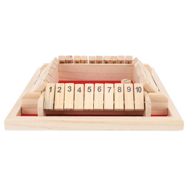 4-sidet Shut The Box terningespil i træ - brætspil med terninger - tal og matematik - læringsspil til voksne og børn - rød filt