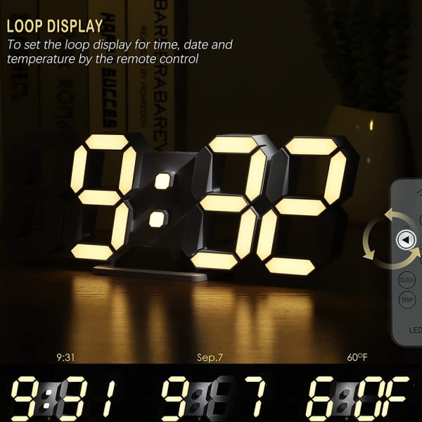 Digital väggklocka LED elektronisk väckarklocka 3d digital klocka Vit