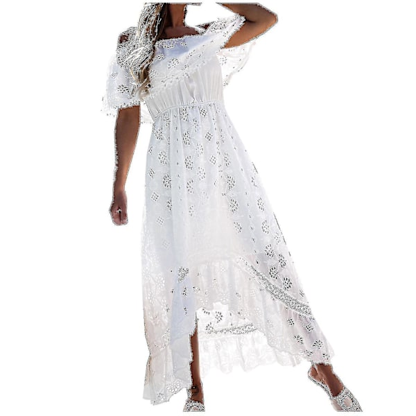 Boheme lang blondekjole til kvinder, hvid strandkjole, kortærmet off-shoulder kjole-yu-AD7- XL